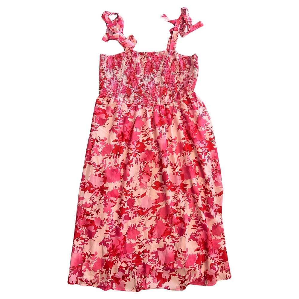 Kim Curvy Women's Plus Size 22W Pink Floral Smocked Tie-Strap Maxi Dress